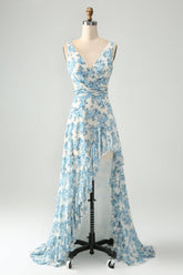 Weiß Blaue Blume A-Linie Rüschen Hoch Niedrig Hochzeitsgastkleid